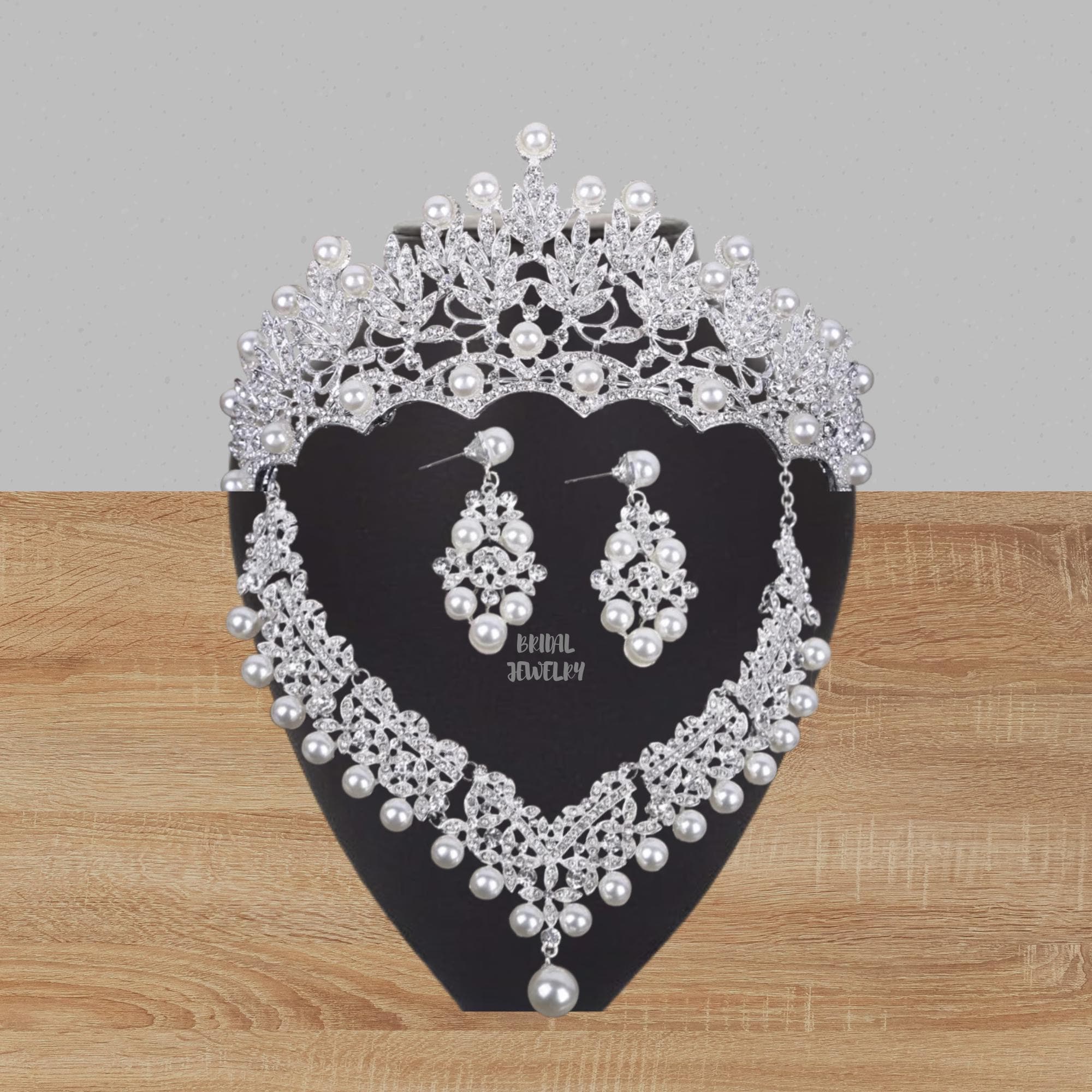 Silver Pearl Tiara, Necklace & Earrings Bridal Set - White Ivory and Co Classic Pearl Bridal Jewelry Set main image 4