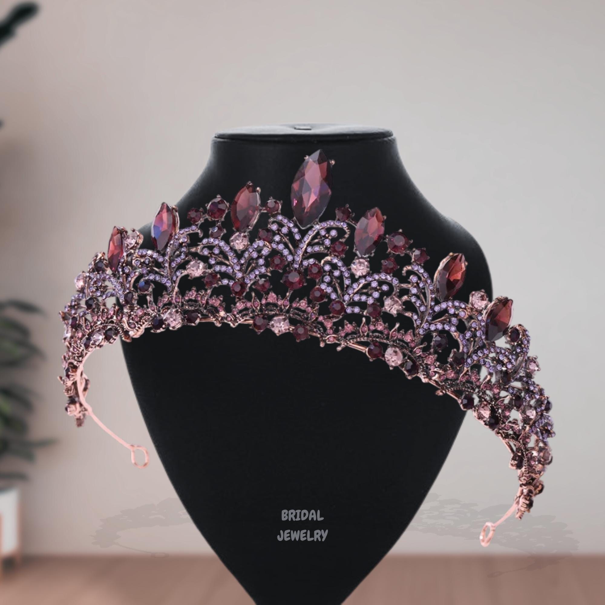 Vintage Rhinestone Bridal Crown: Black & Purple Crystal 