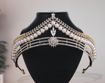Gold Bridal Pearl Crown Tiara: Princesss Wedding Hair Jewelry, Pageant Crown, Gift Her