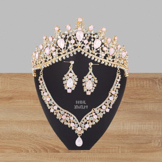 Pink Crystal Bridal Crown Set: Gold Tiara, Necklace 