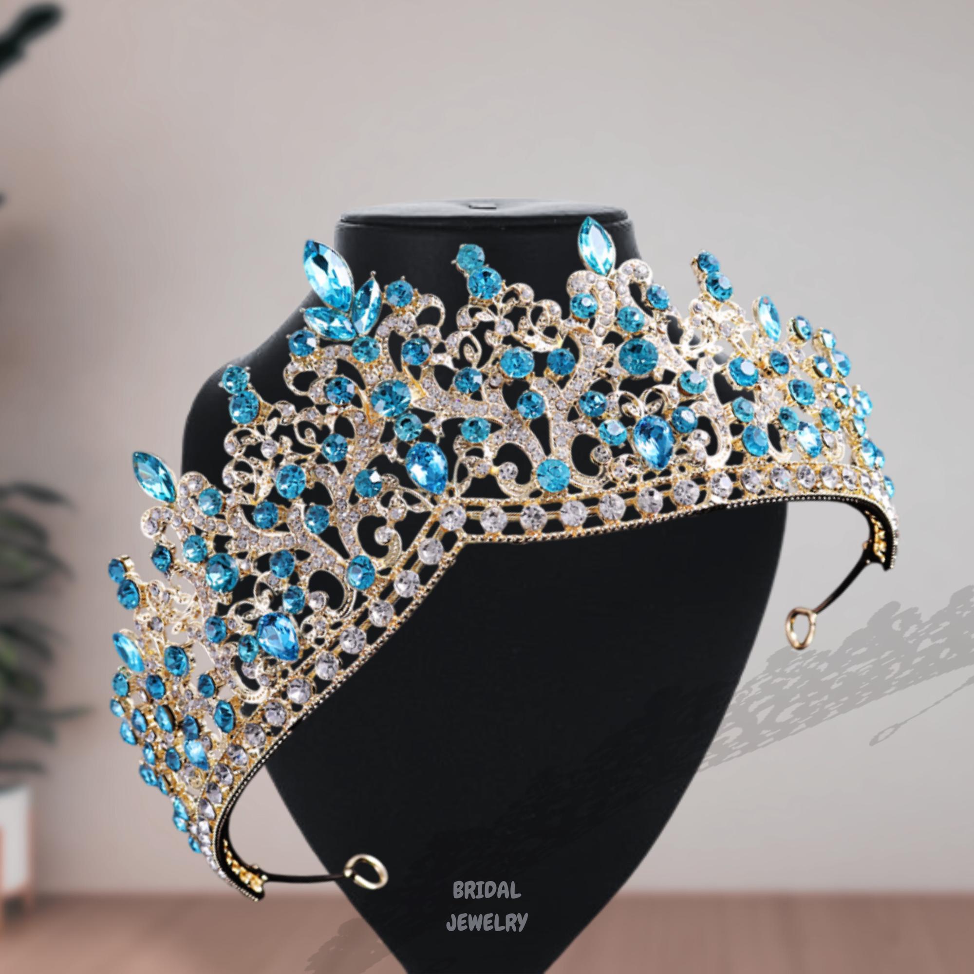 Gold Tiara Crown, ocean blue crystal crown, Royal Queen Tiara, pageant crown Vofler Gold Tiara with Teal Blue Crystal - Royal Queen  main image 2