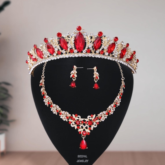 Red Crystal Bridal Jewelry Set: Wedding Tiara Crown  display picture 1