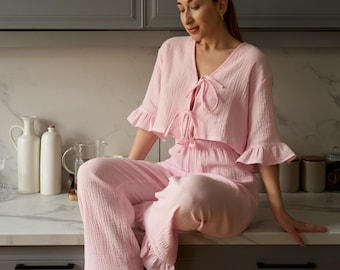 Pink Muslin Pajama Set: Soft Cotton Sleepwear, Pajamas for the bachelorette party, Gift for her