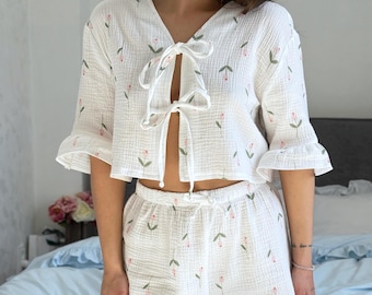 Conjunto de pijama de algodón muselina: regalo de boda, ropa de estar por casa suave.