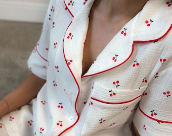 Muslin Cotton Pajama Set, Lightweight Double Gauze Sleepwear, Soft Lounge Sleepwear, Muslin Short Pajama Set, Christmas present