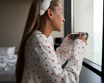 Muslin Cotton Pajamas Set: Breathable Women's Sleepwear, Cotton pajamas, Pajamas with hearts