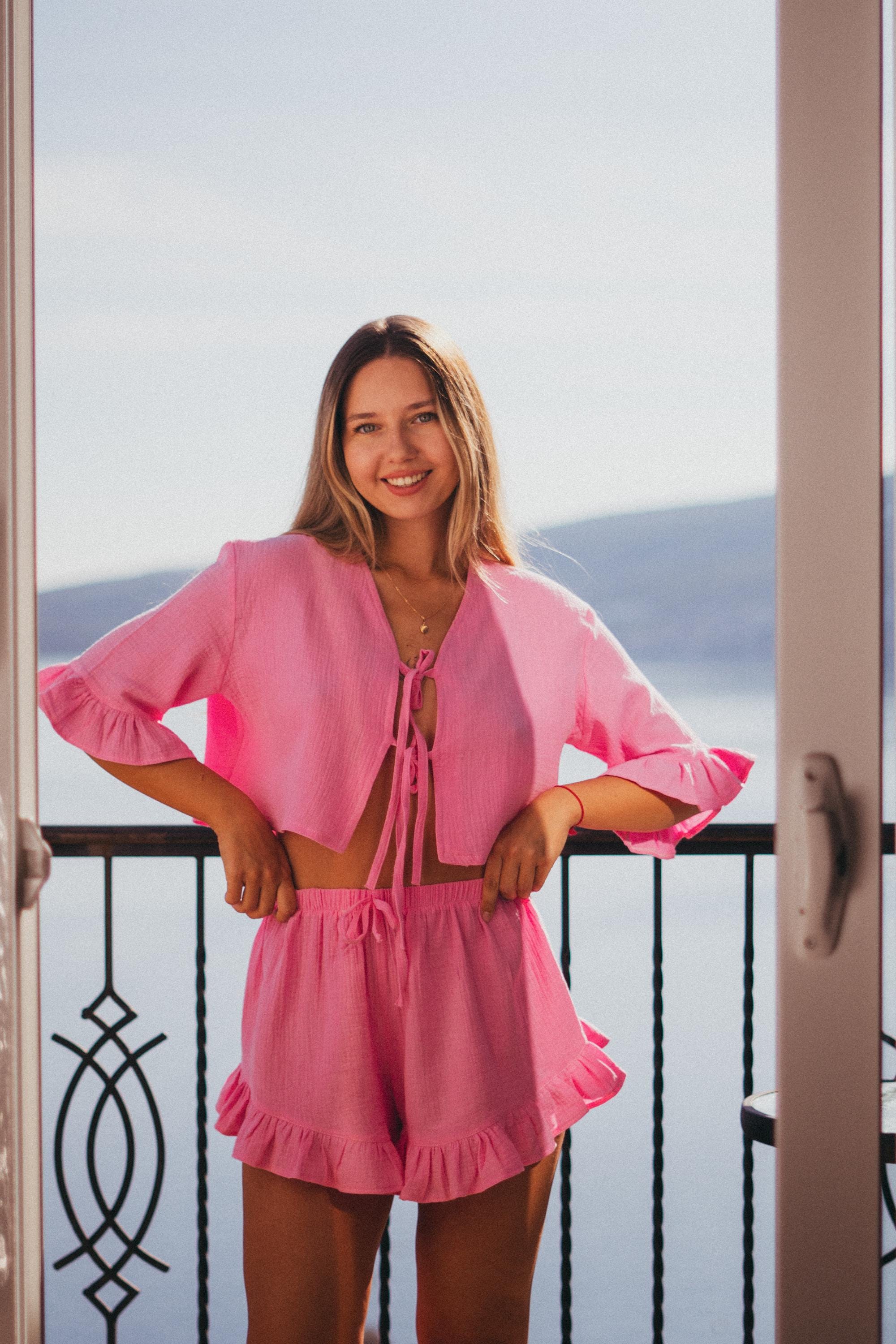 Muslin Pajama Set, Organic Cotton Sleepwear, Bachelorette Party Gift, Pink muslin pajamas, Organic cotton muslin pajama, Gift for her