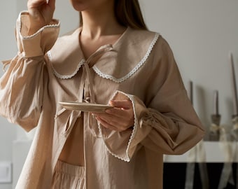 Beige Cotton Pajama Set: Bridesmaid Sleepwear