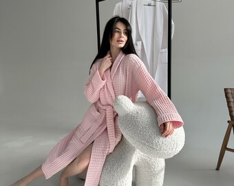 Organic Cotton Waffle Robe, Soft Spa Loungewear, Lightweight Bathrobe Coverup