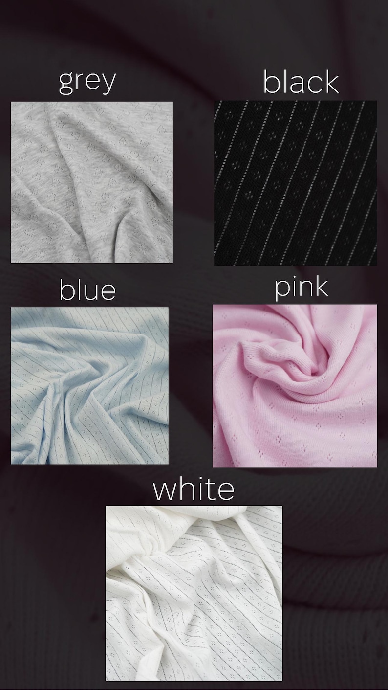 May include: A collection of fabric swatches in grey, black, blue, pink, and white. Each swatch displays a different color and texture. The word for each color is written above the swatch.