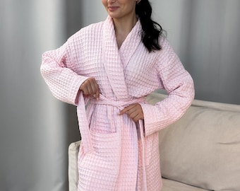 Organic Cotton Waffle Robe, Soft Spa Loungewear, Pink Robe