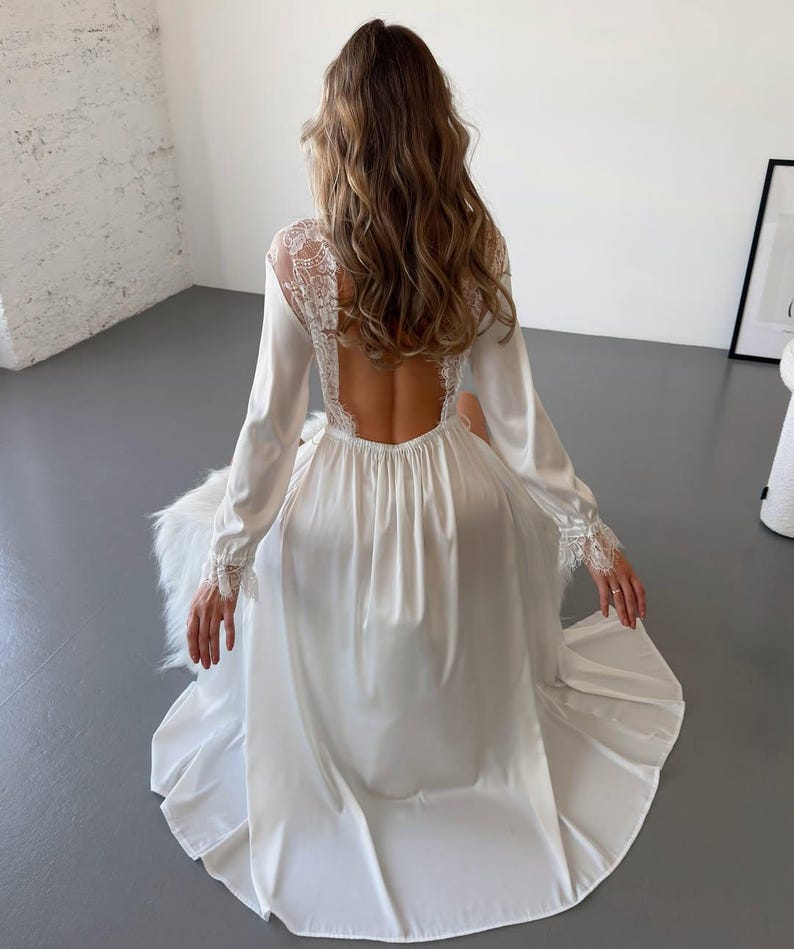 White Shoulder Robe White Silk Bridal Robe, Lace Wedding Morning Gown, Silk Robe, Wedding ...