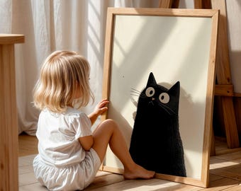 Minimalist Black Cat Art Print, Funny Pet Illustration (Digital Download)
