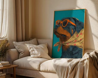Puede incluir: Una impresión artística enmarcada que presenta un perro Rottweiler con gafas de sol naranjas y una bufanda amarilla con lunares rojos. El perro tiene pelaje negro y marrón, sobre un fondo turquesa.
