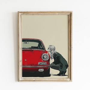 Classic Sports Car Art Print, Woman and Car Wall Art, Red Car Lover Gift, Vintage Automotive Decor, Sports Car Illustration