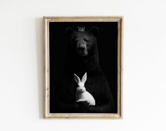 Nadruk z misiem w koronie i królikiem | Minimalistyczny wystrój w stylu nordyckim (do pobrania w wersji cyfrowej)