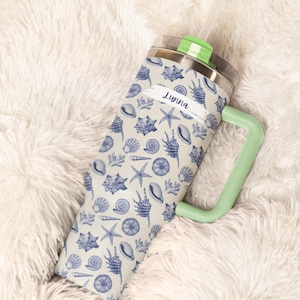 Personalized 40oz Ocean Tumbler - Trend Handle Mug with Straw | Sea Shell Beach Design | Gift for Her or Beach Lover