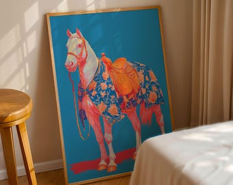 Bloemenprint zadelpaard, boho kunst aan de westelijke muur (digitale download)