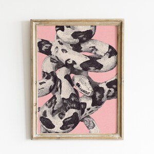 May include: A framed art print showcasing a detailed illustration of a snake with black and white patterns, set against a soft pink backdrop. The artwork is enclosed within a gold-coloured frame. This decorative art print would suit any home. The frame is 30 cm x 40 cm.
