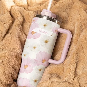 Personalized Floral Tumbler 40oz with Handle & Straw – Custom Name Cup – Stanley Dupe – Bridesmaid Gift – Aesthetic Coffee Mug