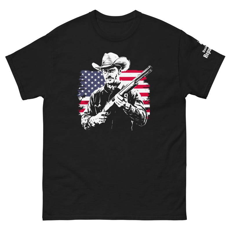 Patriotic Cowboy Marksman Shirt Black | USA Flag Graphic Tee Black | American Pride Shirt Black | Hunting Trip Tee Black | Cool Dad Tee Black | American Flag Shirt Black