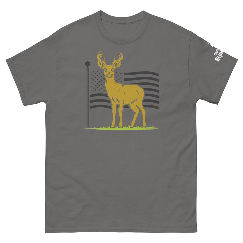 Patriotic Deer Tee Charcoal | USA Flag Deer Graphic Tee Charcoal | Deer with Flag Shirt Charcoal | Deer Season Shirt Charcoal | American Pride Shirt Charcoal | Hunting Trip Tee Charcoal
