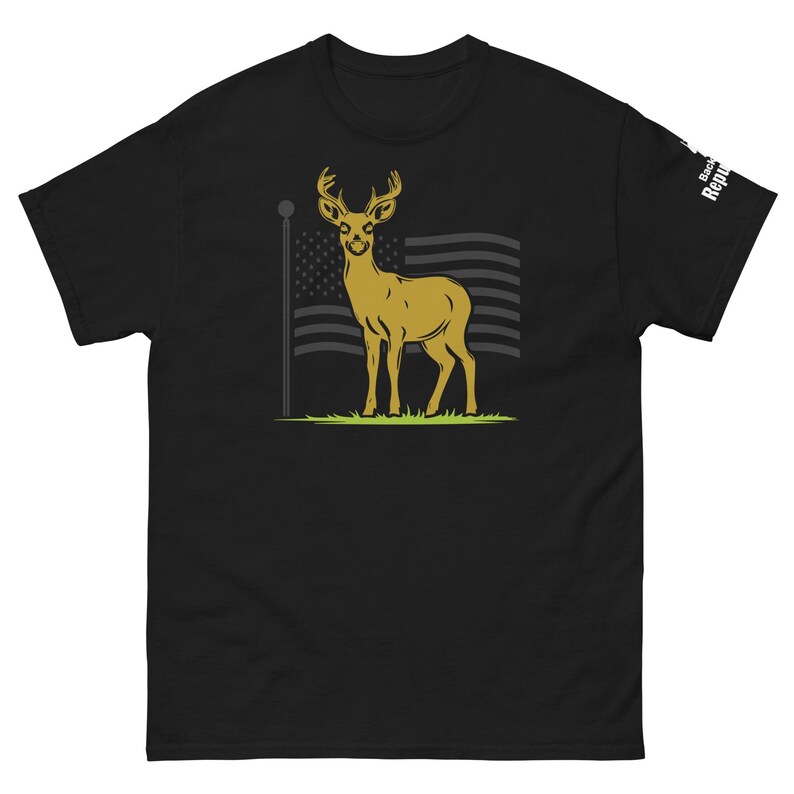 Patriotic Deer Tee Black | USA Flag Deer Graphic Tee Black | Deer with Flag Shirt Black | Deer Season Shirt Black | American Pride Shirt Black | Hunting Trip Tee Black