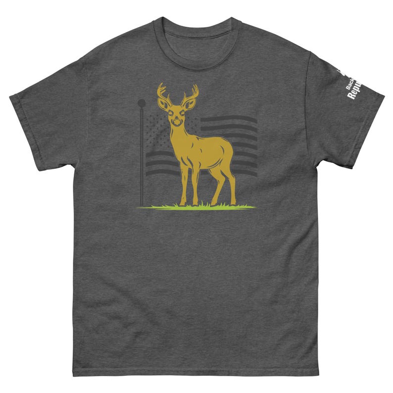 Patriotic Deer Tee Dark Heather | USA Flag Deer Graphic Tee Dark Heather | Deer with Flag Shirt Dark Heather | Deer Season Shirt Dark Heather | American Pride Shirt Dark Heather | Hunting Trip Tee Dark Heather