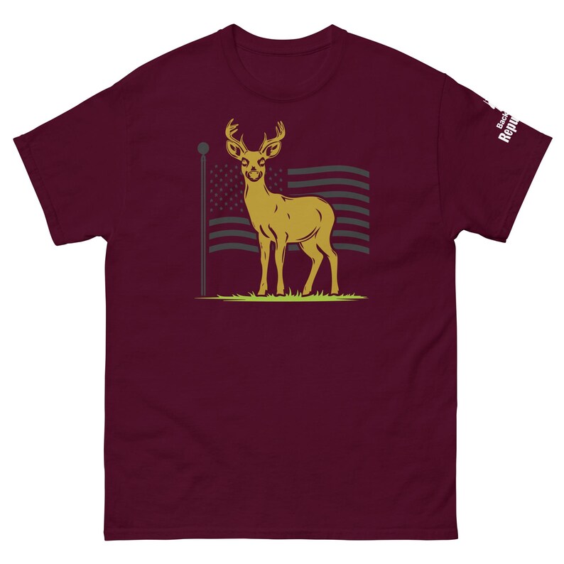 Patriotic Deer Tee Maroon | USA Flag Deer Graphic Tee Maroon | Deer with Flag Shirt Maroon | Deer Season Shirt Maroon | American Pride Shirt Maroon | Hunting Trip Tee Maroon