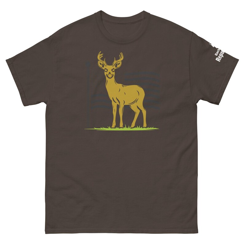 Patriotic Deer Tee Chocolate | USA Flag Deer Graphic Tee Chocolate | Deer with Flag Shirt Chocolate | Deer Season Shirt Chocolate | American Pride Shirt Chocolate | Hunting Trip Tee Chocolate