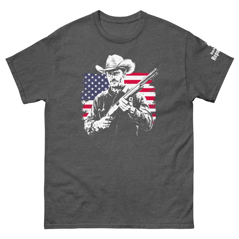 Patriotic Cowboy Marksman Shirt Dark Heather | USA Flag Graphic Tee Dark Heather | American Pride Shirt Dark Heather | Hunting Trip Tee Dark Heather | Cool Dad Tee Dark Heather | American Flag Shirt Dark Heather