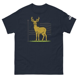Patriotic Deer Tee Navy Blue | USA Flag Deer Graphic Tee Navy Blue | Deer with Flag Shirt Navy Blue | Deer Season Shirt Navy Blue | American Pride Shirt Navy Blue | Hunting Trip Tee Navy Blue