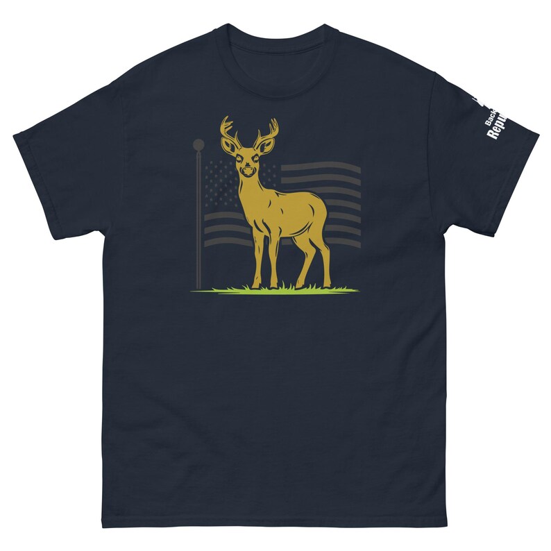 Patriotic Deer Tee Navy Blue | USA Flag Deer Graphic Tee Navy Blue | Deer with Flag Shirt Navy Blue | Deer Season Shirt Navy Blue | American Pride Shirt Navy Blue | Hunting Trip Tee Navy Blue
