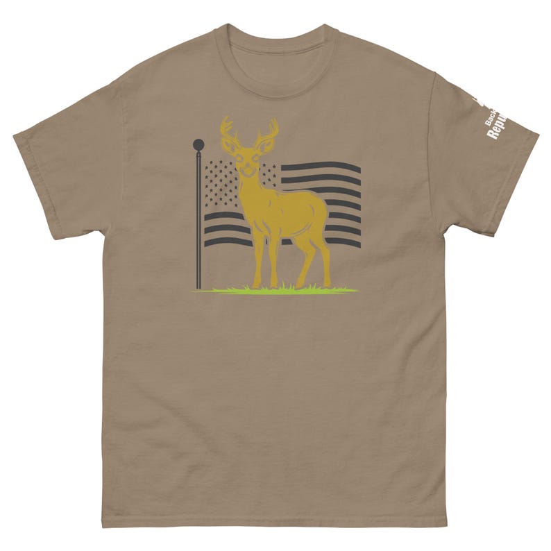 Patriotic Deer Tee Brown | USA Flag Deer Graphic Tee Brown | Deer with Flag Shirt Brown | Deer Season Shirt Brown | American Pride Shirt Brown | Hunting Trip Tee Brown