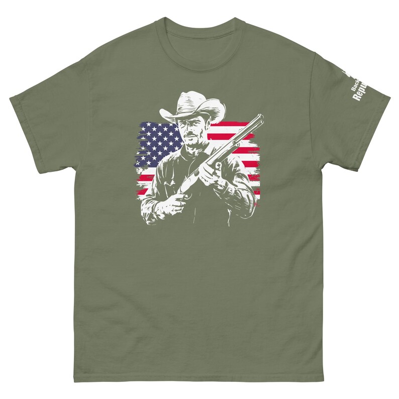 Patriotic Cowboy Marksman Shirt Green | USA Flag Graphic Tee Green | American Pride Shirt Green | Hunting Trip Tee Green | Cool Dad Tee Green | American Flag Shirt Green