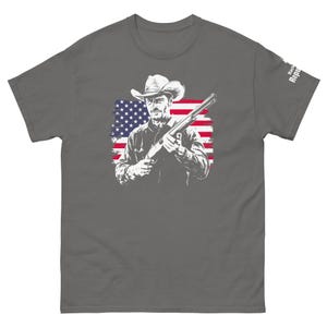 Patriotic Cowboy Marksman Shirt Charcoal | USA Flag Graphic Tee Charcoal | American Pride Shirt Charcoal | Hunting Trip Tee Charcoal | Cool Dad Tee Charcoal | American Flag Shirt Charcoal