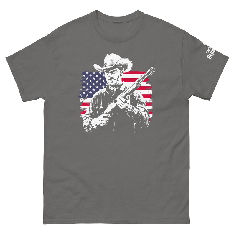 Patriotic Cowboy Marksman Shirt Charcoal | USA Flag Graphic Tee Charcoal | American Pride Shirt Charcoal | Hunting Trip Tee Charcoal | Cool Dad Tee Charcoal | American Flag Shirt Charcoal