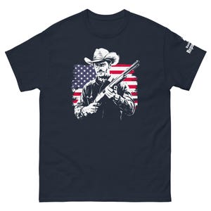 Patriotic Cowboy Marksman Shirt Navy Blue | USA Flag Graphic Tee Navy Blue | American Pride Shirt Navy Blue | Hunting Trip Tee Navy Blue | Cool Dad Tee Navy Blue | American Flag Shirt Navy Blue