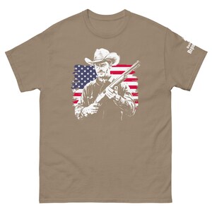 Patriotic Cowboy Marksman Shirt Brown | USA Flag Graphic Tee Brown | American Pride Shirt Brown | Hunting Trip Tee Brown | Cool Dad Tee Brown | American Flag Shirt Brown