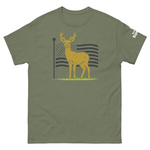 Patriotic Deer Tee Green | USA Flag Deer Graphic Tee Green | Deer with Flag Shirt Green | Deer Season Shirt Green | American Pride Shirt Green | Hunting Trip Tee Green