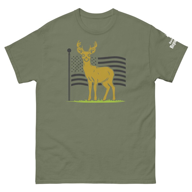 Patriotic Deer Tee Green | USA Flag Deer Graphic Tee Green | Deer with Flag Shirt Green | Deer Season Shirt Green | American Pride Shirt Green | Hunting Trip Tee Green