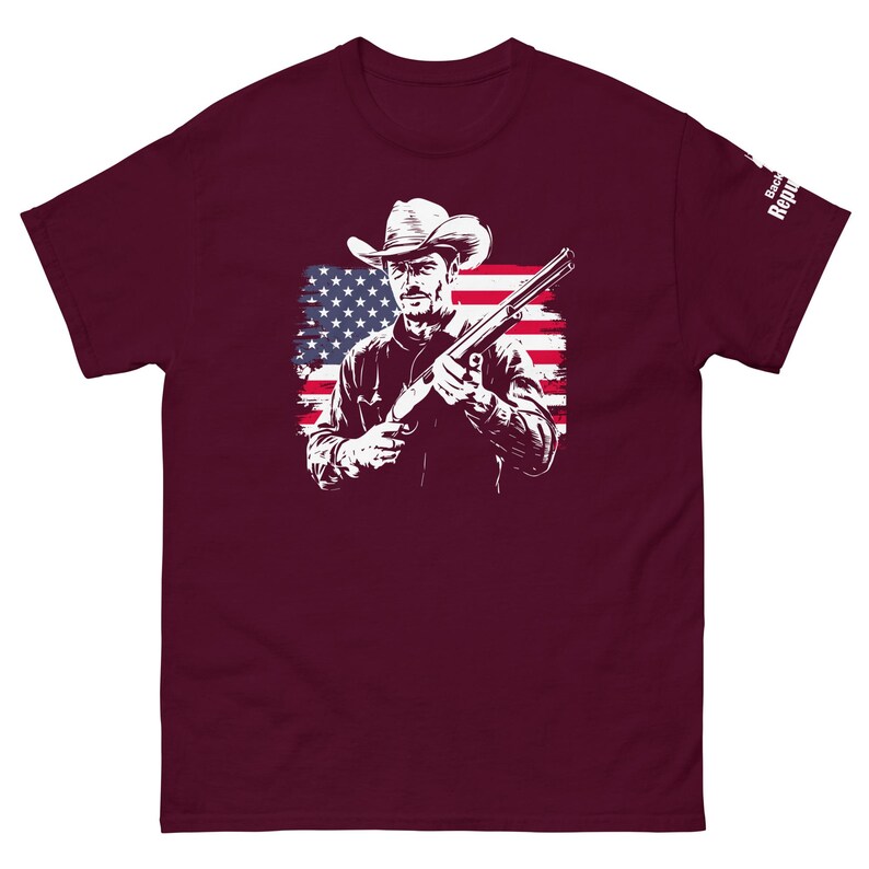 Patriotic Cowboy Marksman Shirt Maroon | USA Flag Graphic Tee Maroon | American Pride Shirt Maroon | Hunting Trip Tee Maroon | Cool Dad Tee Maroon | American Flag Shirt Maroon