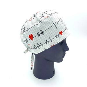 EKG hearts tie back scrub cap, adjustable surgery hat, medical hair cover for doctor, veterinarian, nurse, dentist, hygienist