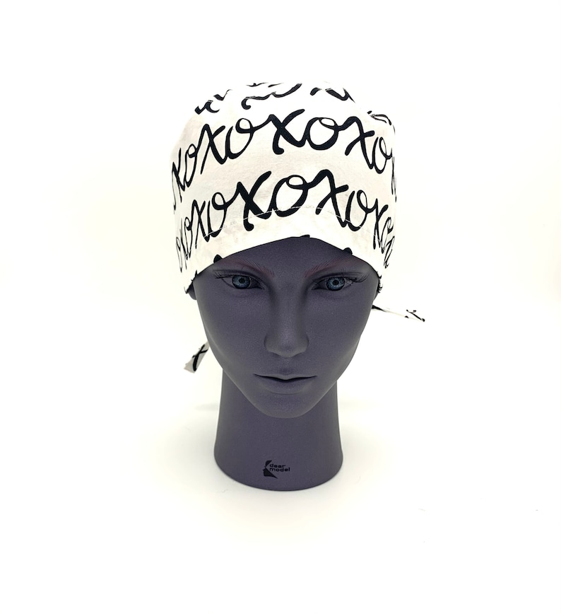 technician adjustable surgery hat nurse dentist veterinarian for doctor hygienist XOXO black and white Valentine tie back scrub cap