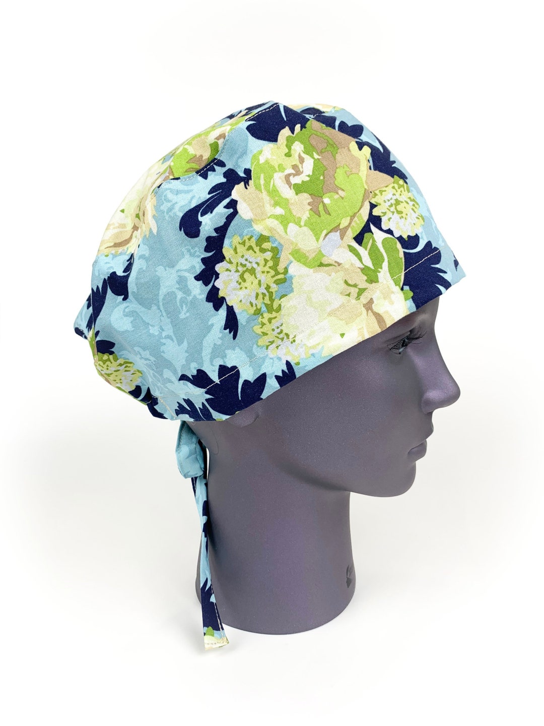 Blue Floral TIE BACK Scrub Cap, Surgery Cap, Medical Hair Cover, Surgical Hat for Doctor