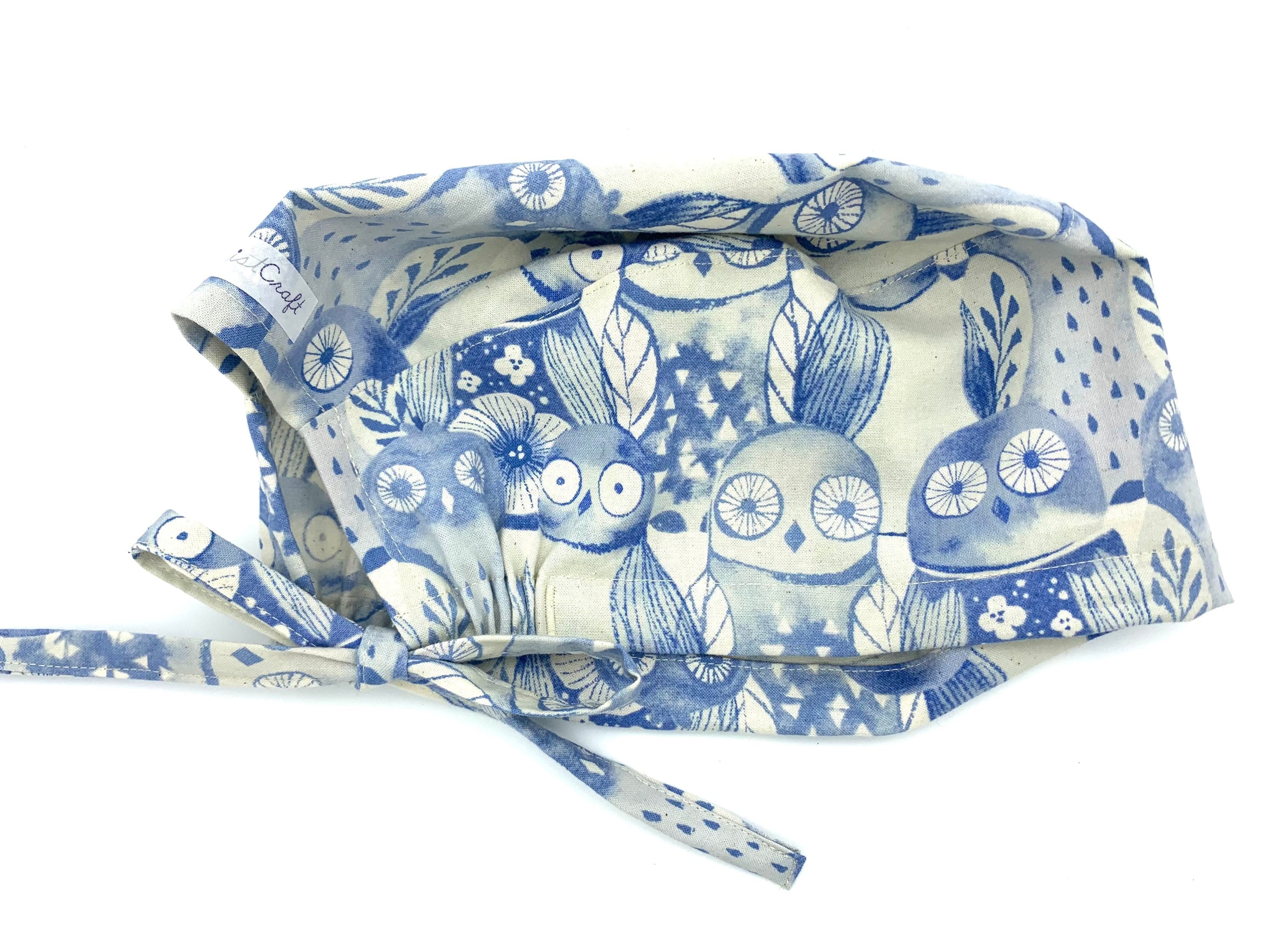Blue owl TIE BACK scrub cap, adjustable surgery hat, medical hair cover for healthcare doctor, vet, 