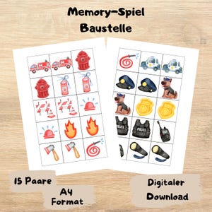 Könnte beinhalten: Zwei druckbare Memory-Spielkarten mit Bau-Motiven. Die erste Karte hat 15 Felder mit Bildern von Feuerwehrautos, Hydranten, Feuerlöschern, Verkehrskegeln, Feuermeldern, Flammen, Äxten und Schläuchen. Die zweite Karte hat 15 Felder mit Bildern von Polizeiautos, Polizeimützen, Polizeihunden, Polizeistern, Polizeiwesten, Walkie-Talkies und Taschenlampen. Der Text "15 Paare A4 Format" befindet sich unter der ersten Karte und der Text "Digitaler Download" unter der zweiten Karte.