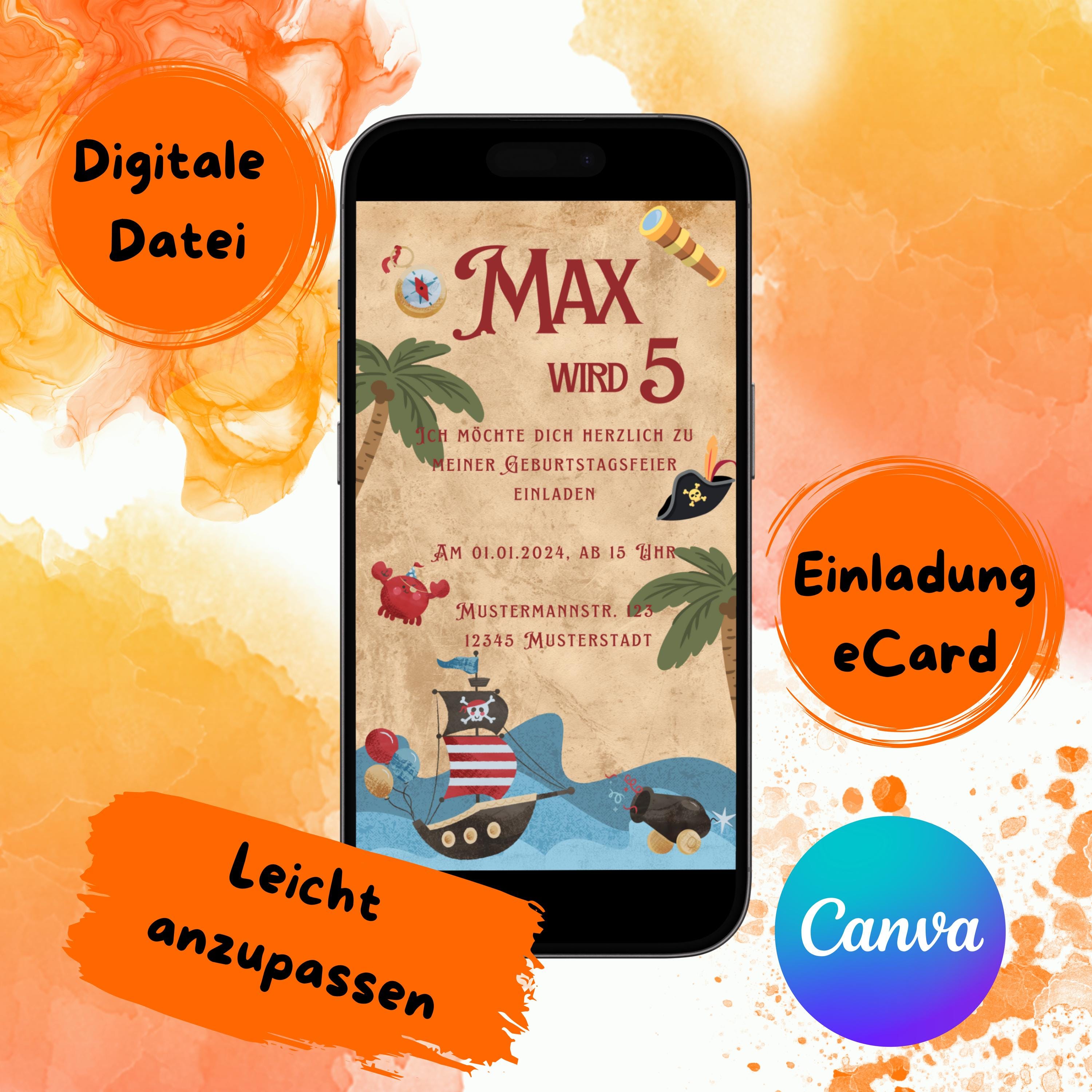 Inviti Compleanno Tema Pirata, 10 Cartoline + 10 Buste Kraft, Formato 10x15cm, Carta 350g, Personalizzabili