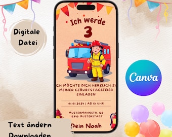Einladung - Kindergeburtstag - Feuerwehr - digital