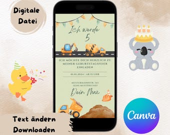 Invitation - Children's Birthday Party - Excavator - Digital